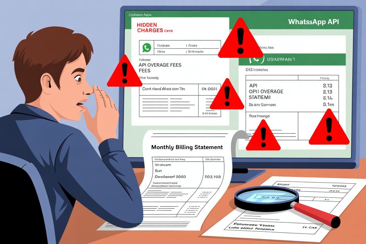 Hidden WhatsApp API charges illustration showing unexpected billing and extra platform fees