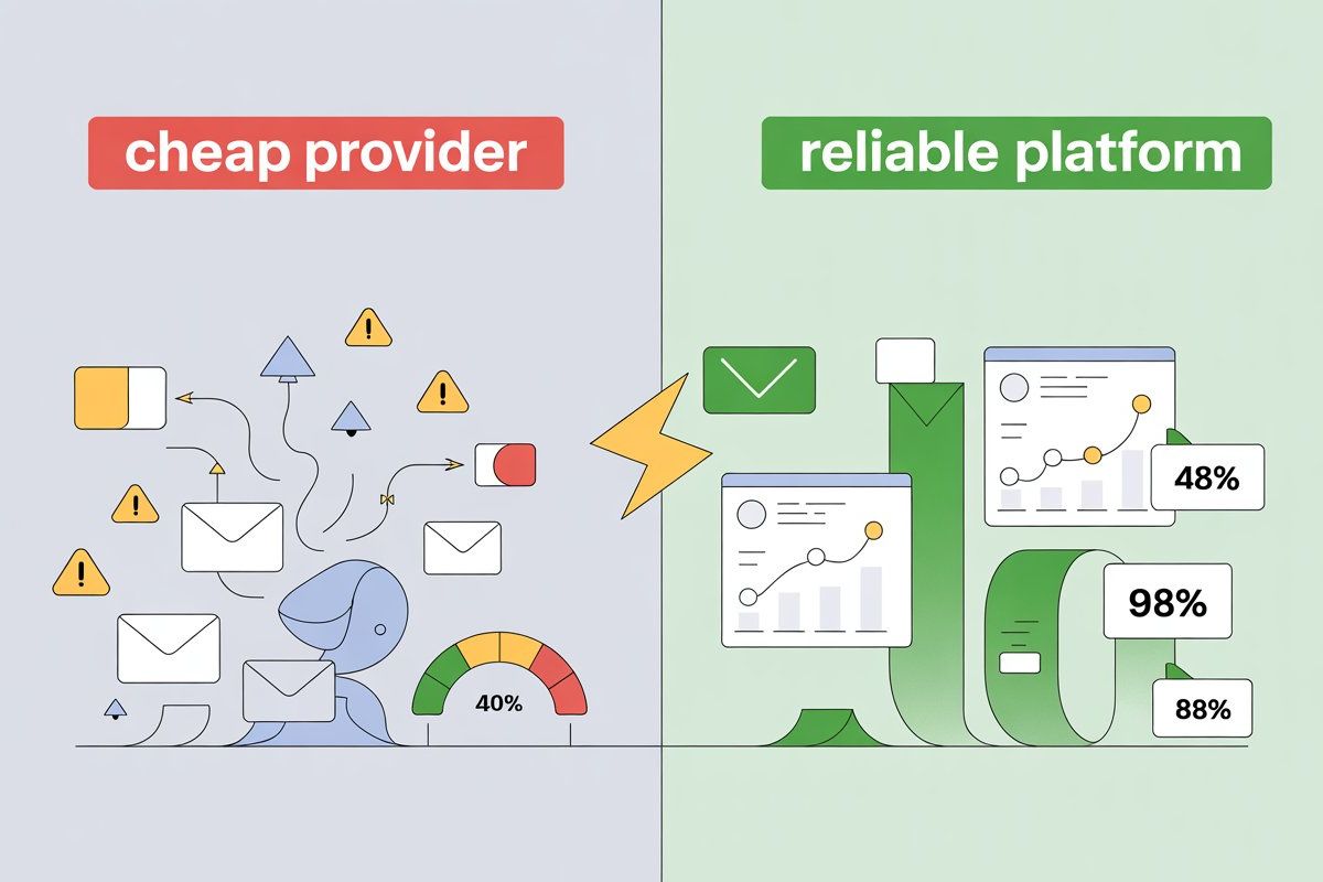 Cheap vs reliable WhatsApp API provider comparison illustration