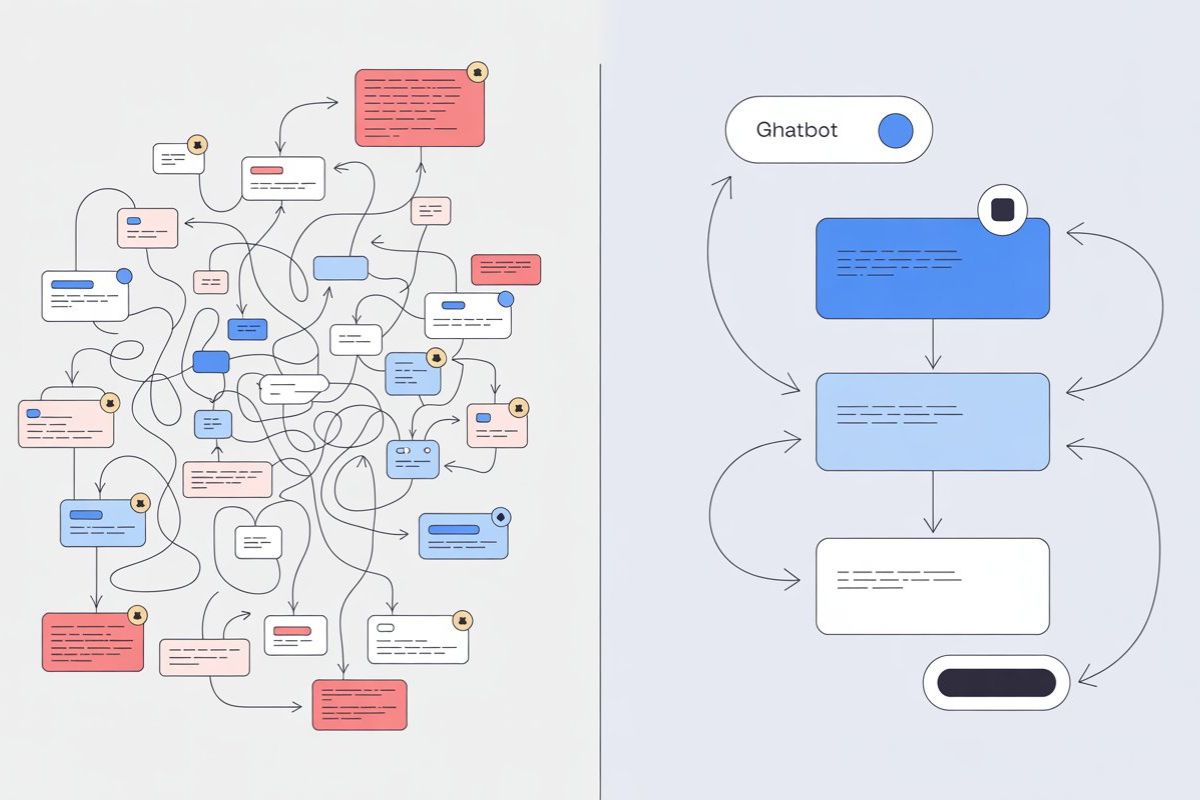 WhatsApp automation flow messy vs optimized chatbot workflow